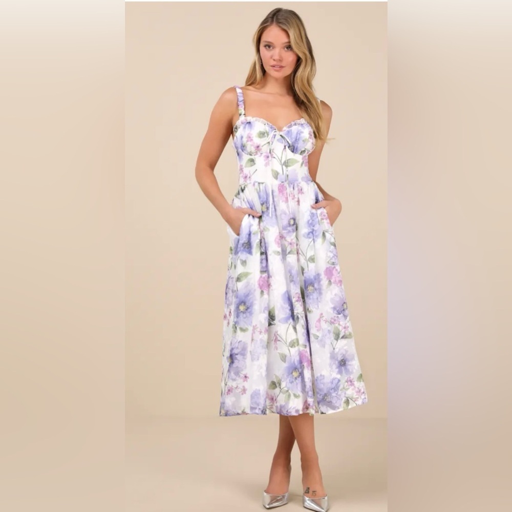 💜LULUS Hillela Ivory Floral Ruffled Lace-Up Midi Skater Dress💜SZ L- NWT